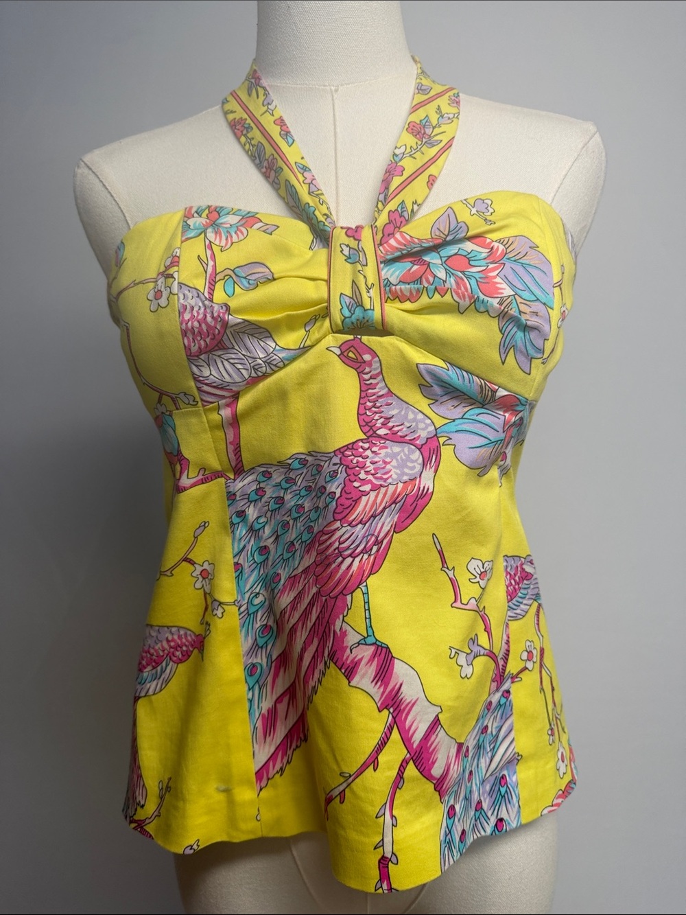 Tibi Yellow Peacock Print Halter Top Size Small